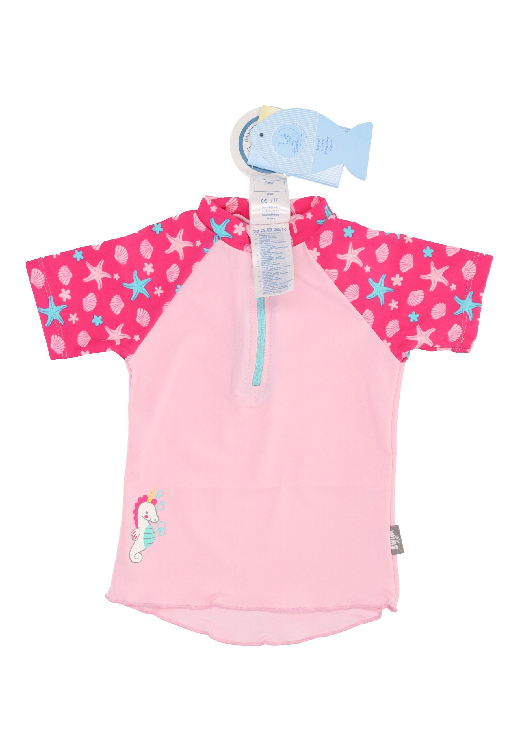 Sterntaler® Badeanzug Kurzarm-Schwimmshirt uni + Seesterne Schwimmshirt Kinder - Kurzarm-Schwimm Shirt in Rosa und Seesternen-Print, UV-Schutz 50+ Badeshirt Baby mit Reißverschluss, Kinnschutz und unifarbene Ärmel