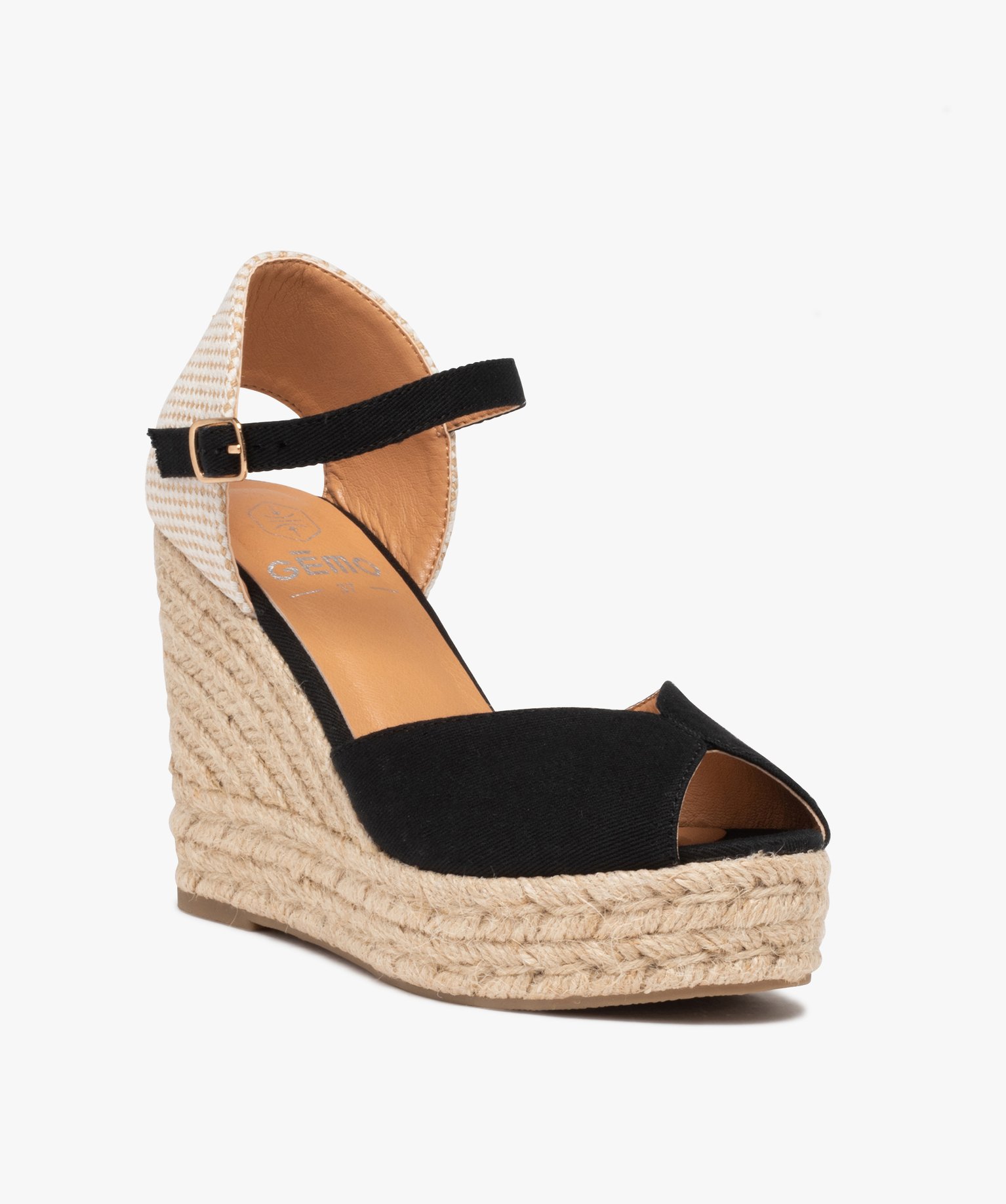 Sandales femme compensées dessus en toile unie noir | GEMO