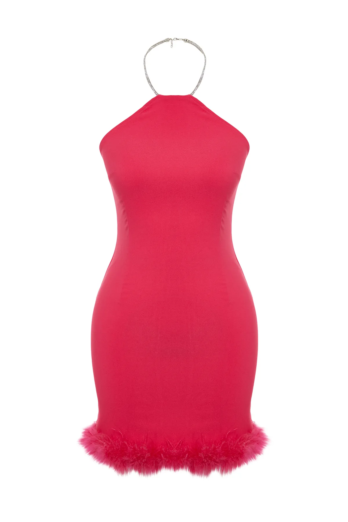 Trendyol Collection  Tailliertes Abendkleid in Fuchsia mit gewebten Otriches und glänzenden Steinen TPRSS23EL00255