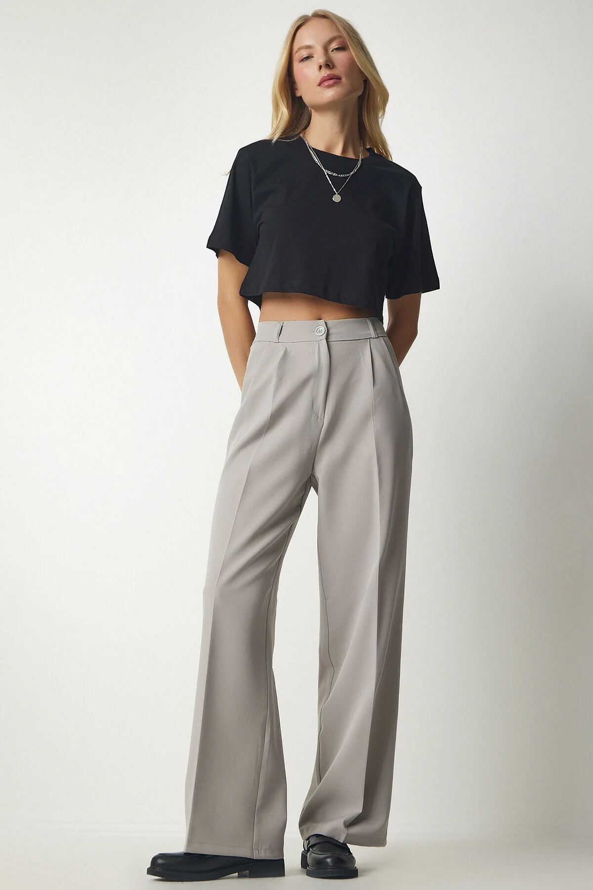 Happiness İstanbul  Damen-Palazzo-Hose mit Steintaschen DW00001