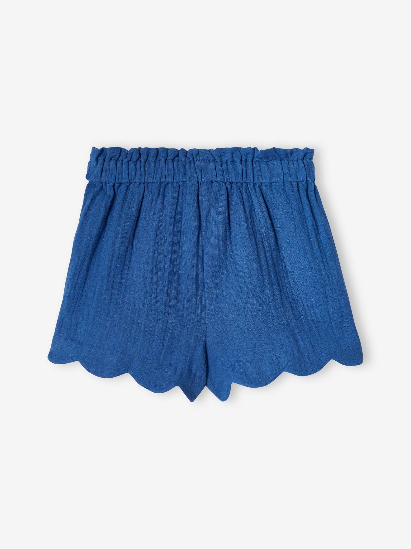 Short en gaze de coton fille finitions écailles bleu