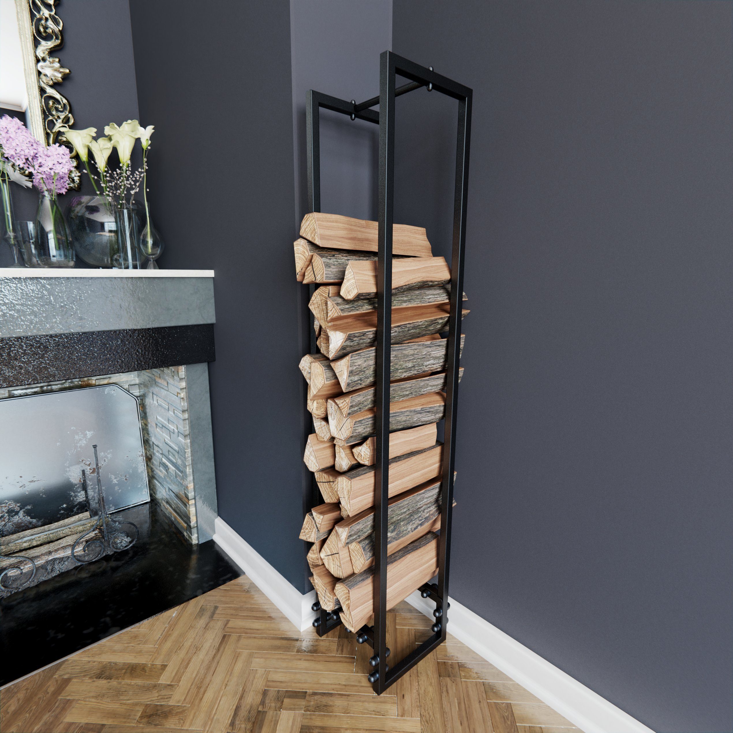 NOGGI - Home Decor Masters Kaminholzregal Kaminholzständer Metall (25x25x130 cm - schwarz), (Holzscheitregal aus Stahl, Kaminholzregal für Innen und Aussen, Stapelhilfe für Feuerholz)