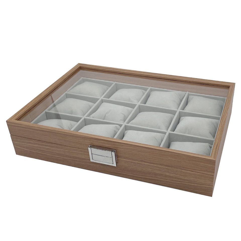 mixed24 Schmuckkasten Holz Uhrenkoffer für 12 Uhren, mit Echtglas Deckel
