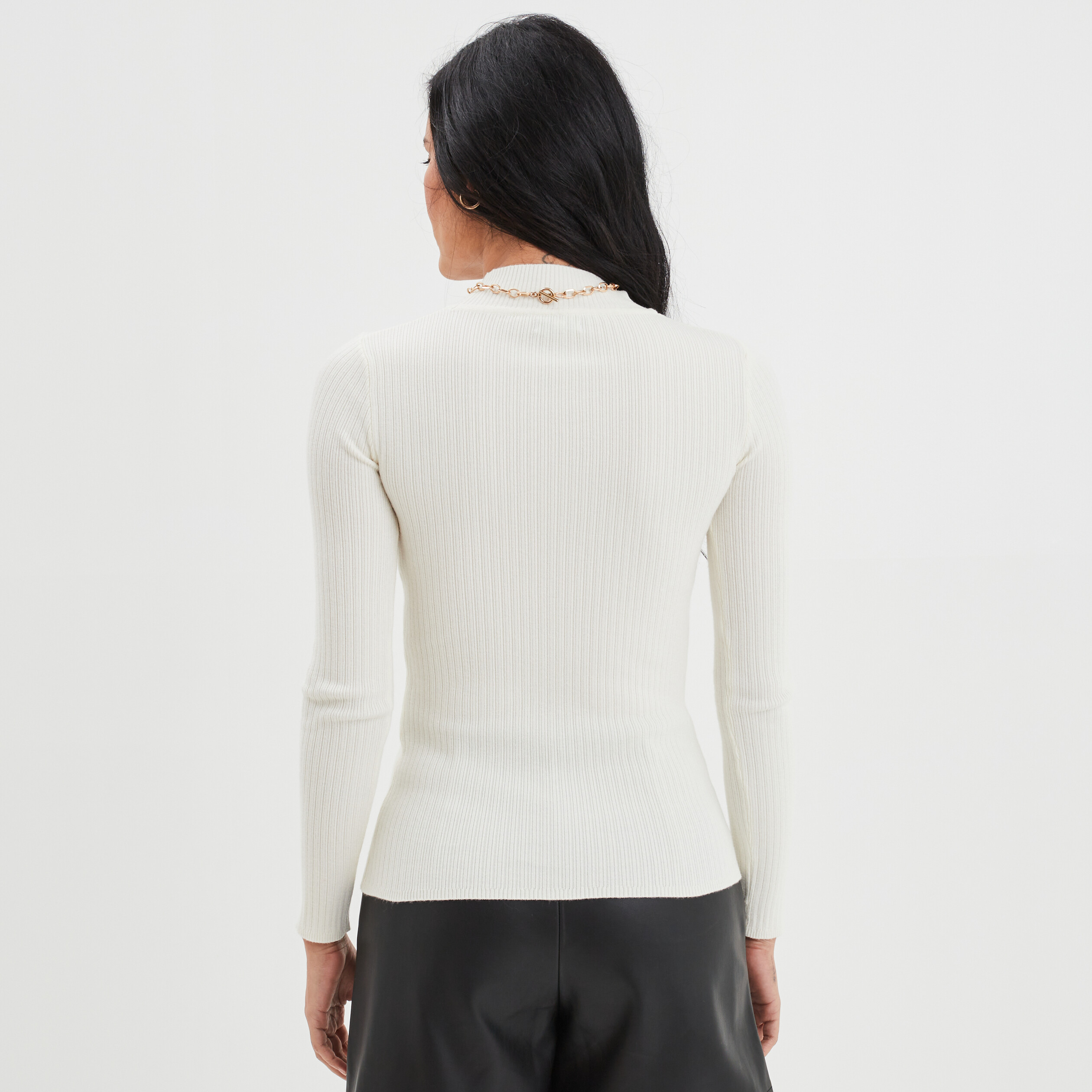 Pull côtelé col montant ivoire femme | La Halle