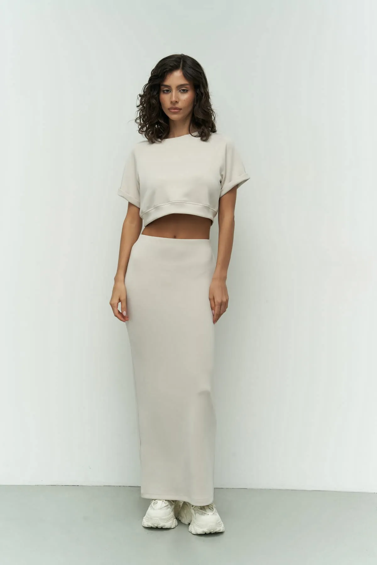 MAİ COLLECTİON  Paloma Beige Crop-Rock-Set