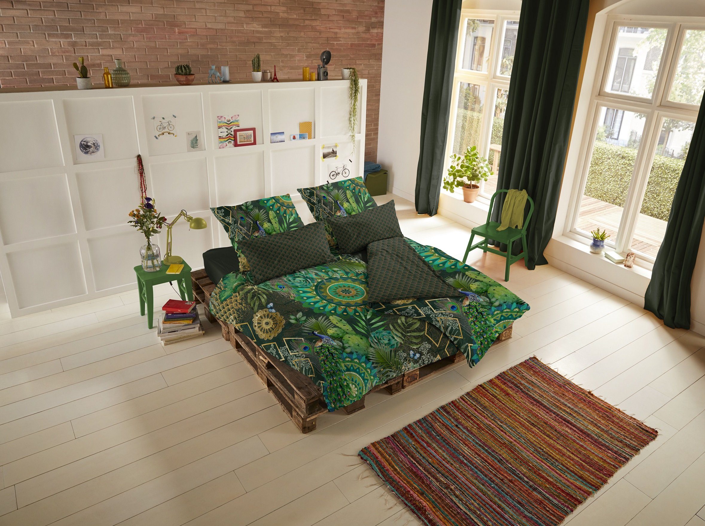 Bettwäsche Comfort Baumwolle, Traumschloss, Flanell, 2 teilig, grüne Mandalas mit Pfau