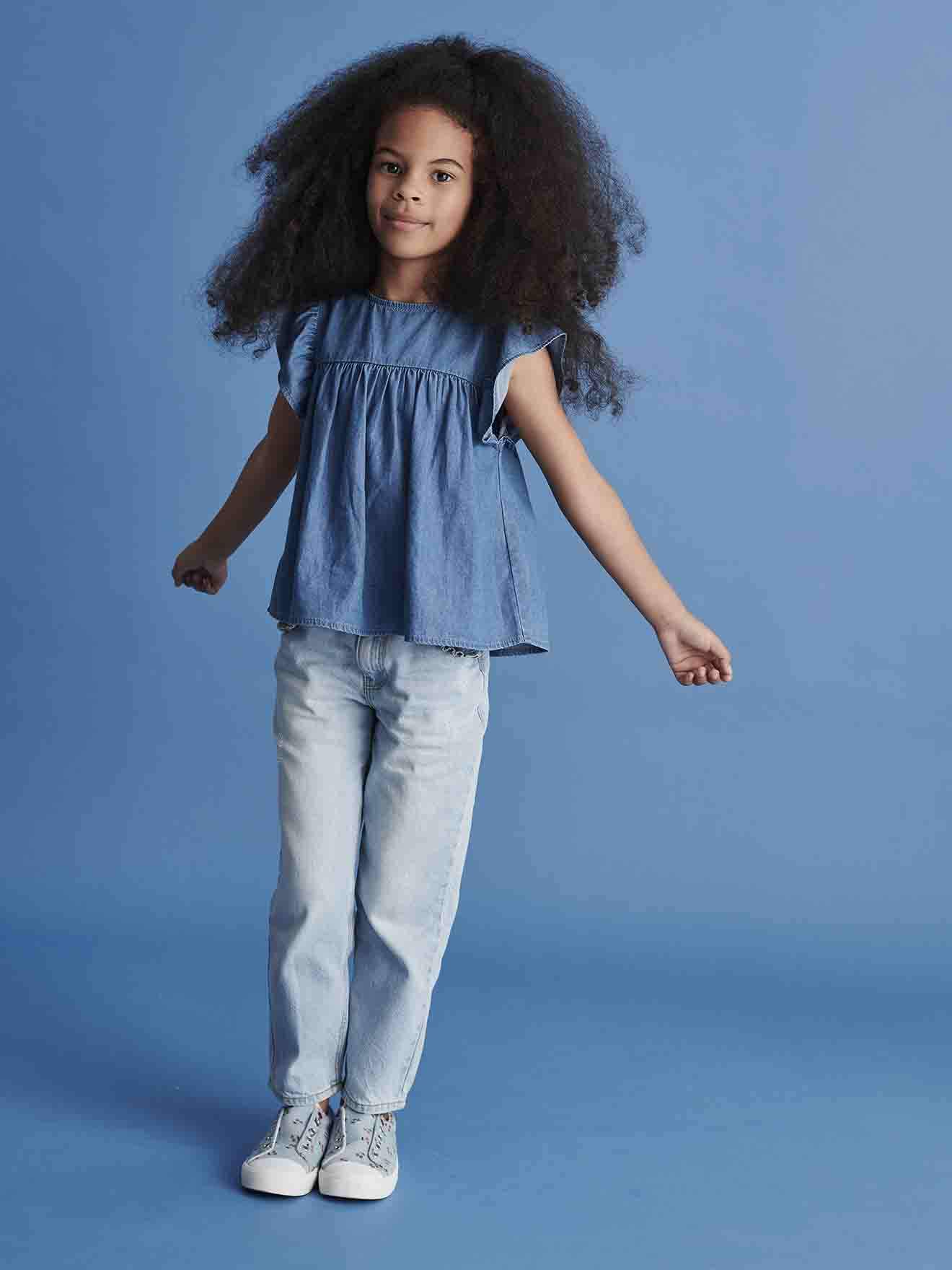 Vertbaudet Leichte Mädchen Jeansbluse mit Volantärmeln - blue stone