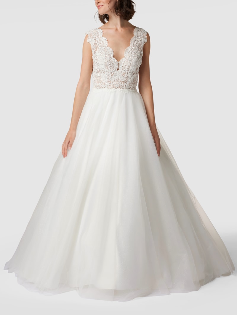 Brautkleid mit floralen Stickereien und Glitter-Effekt in offwhite