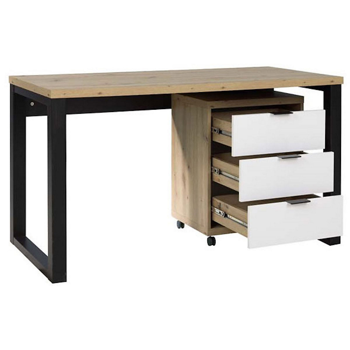 Schreibtisch Set mit Rollcontainer Maro 135x65x75cm schwarz weiß Artisan Eiche