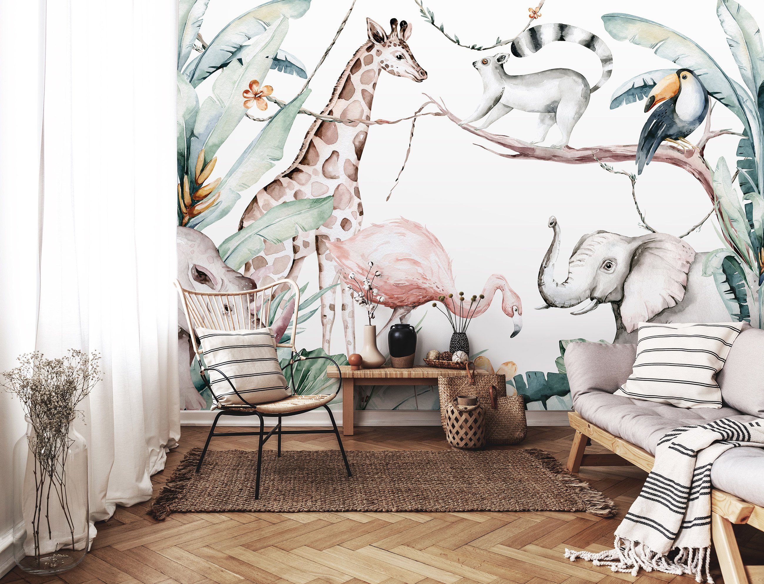 Wallarena Fototapete Kinderzimmer Dschungel Mädchen Junge Tiere Wald Kinder Modern Pflanzen Vlies Tapete für Mädchenzimmer oder Babyzimmer Jungenzimmer Vliestapete Wandtapete Motivtapete, Glatt, botanisch, Vliestapete inklusive Kleister