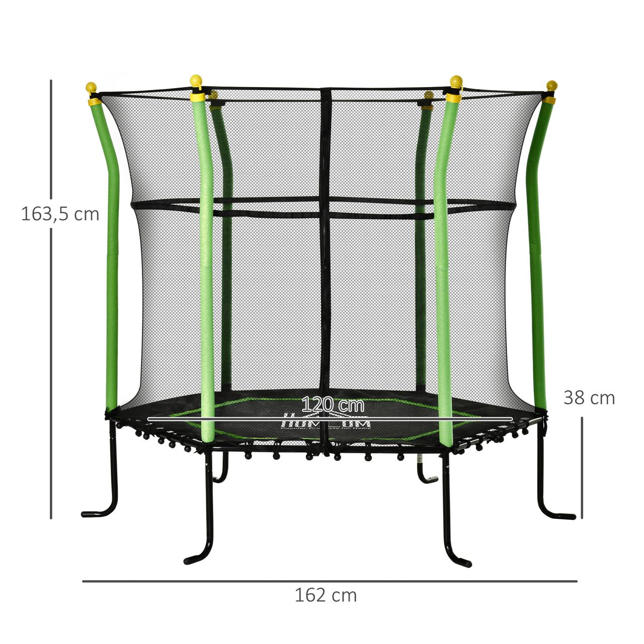 HOMCOM 5,3FT Trampolin für Kinder Gartentrampolin mit Sicherheitsnetz Randabdeckung Gummiseil gepolstert Fitness-Trampolin Mini-Trampoline mit Netz Stahl Grün 163,5H cm bis 60 kg