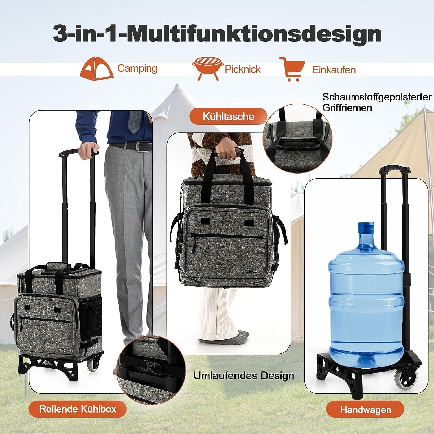 KOMFOTTEU Kühltasche 40L Isolierbeutel, mit Rädern & Griff