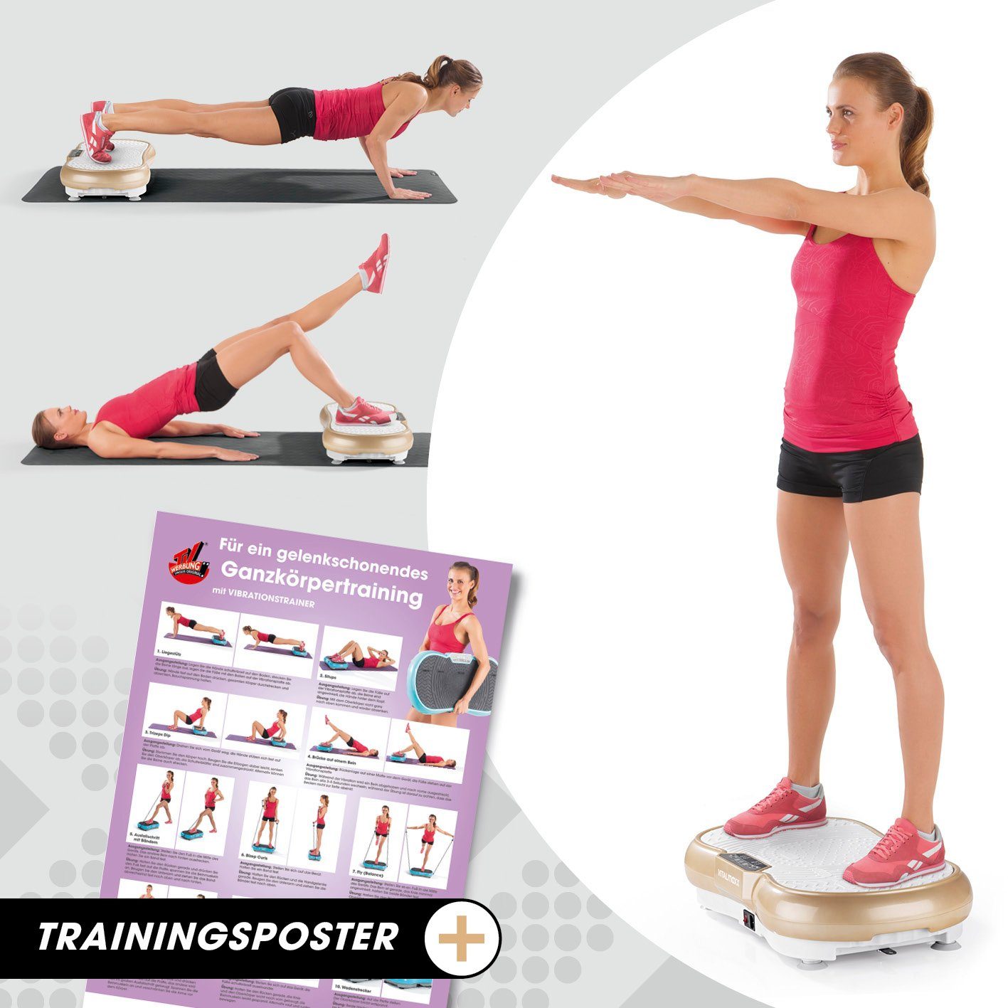 VITALmaxx Vibrationsplatte Ganzkörperplatte Vibrotrainer inkl. Expanderbänder 99 Stufen, 200,00 W, 4-teilig