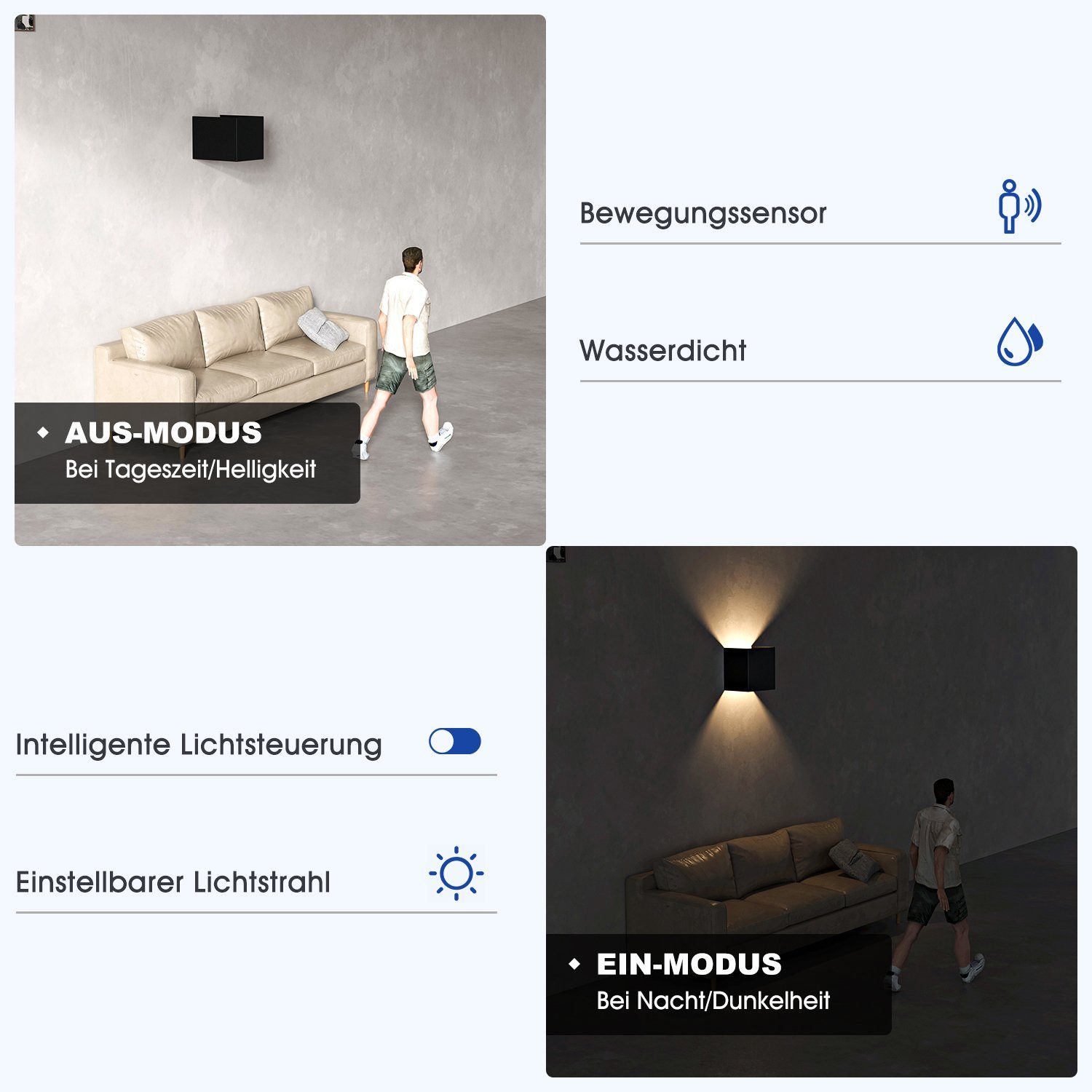 iscooter Wandleuchte G9 Würfel LED Wandleuchte mit Bewegungsmelder Up Down Aluminium, LED wechselbar, Warmweiß, G9 LED Lampe Innen/ Aussen, Einstellbar Abstrahlwinkel AuBenleuchte