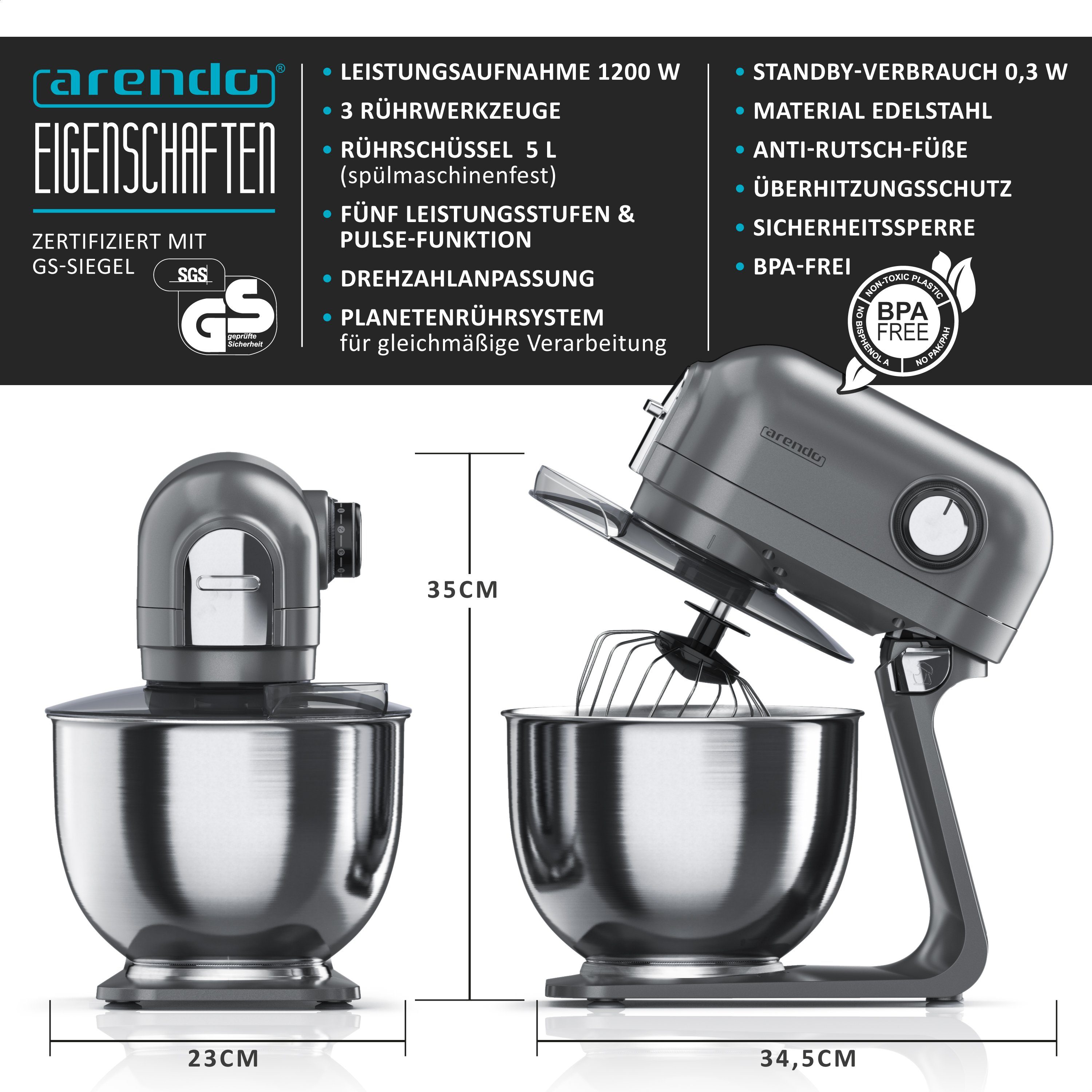 Arendo Küchenmaschine, 1200 W, Knetmaschine 5L, inkl. 3 Rührwerkzeuge, Rührmaschine mit 1200 W