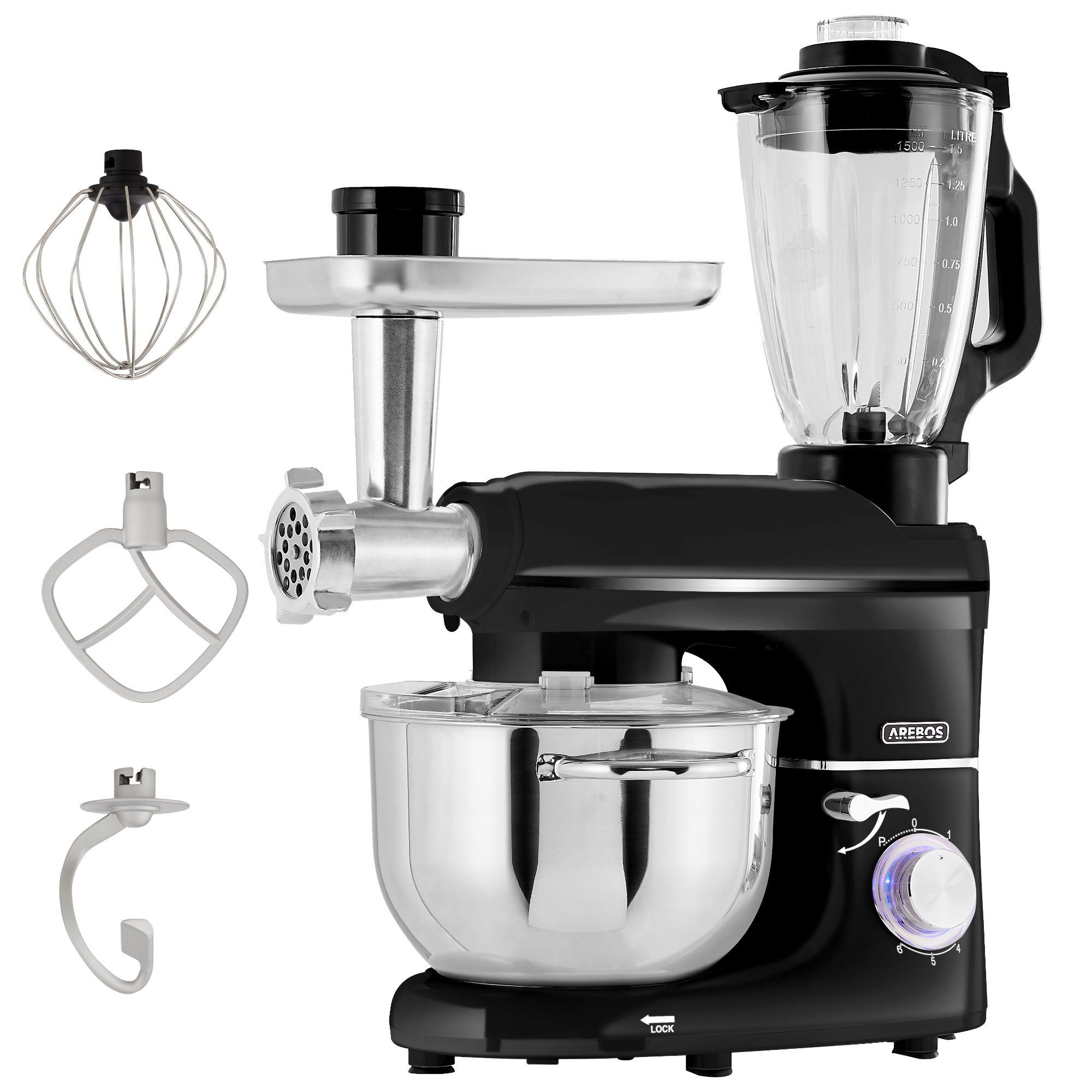 Arebos Küchenmaschine Fleischwolf, Nudelmaschine, Edelstahl-Schüssel, 1500 W, 5,50 l Schüssel, 3in1