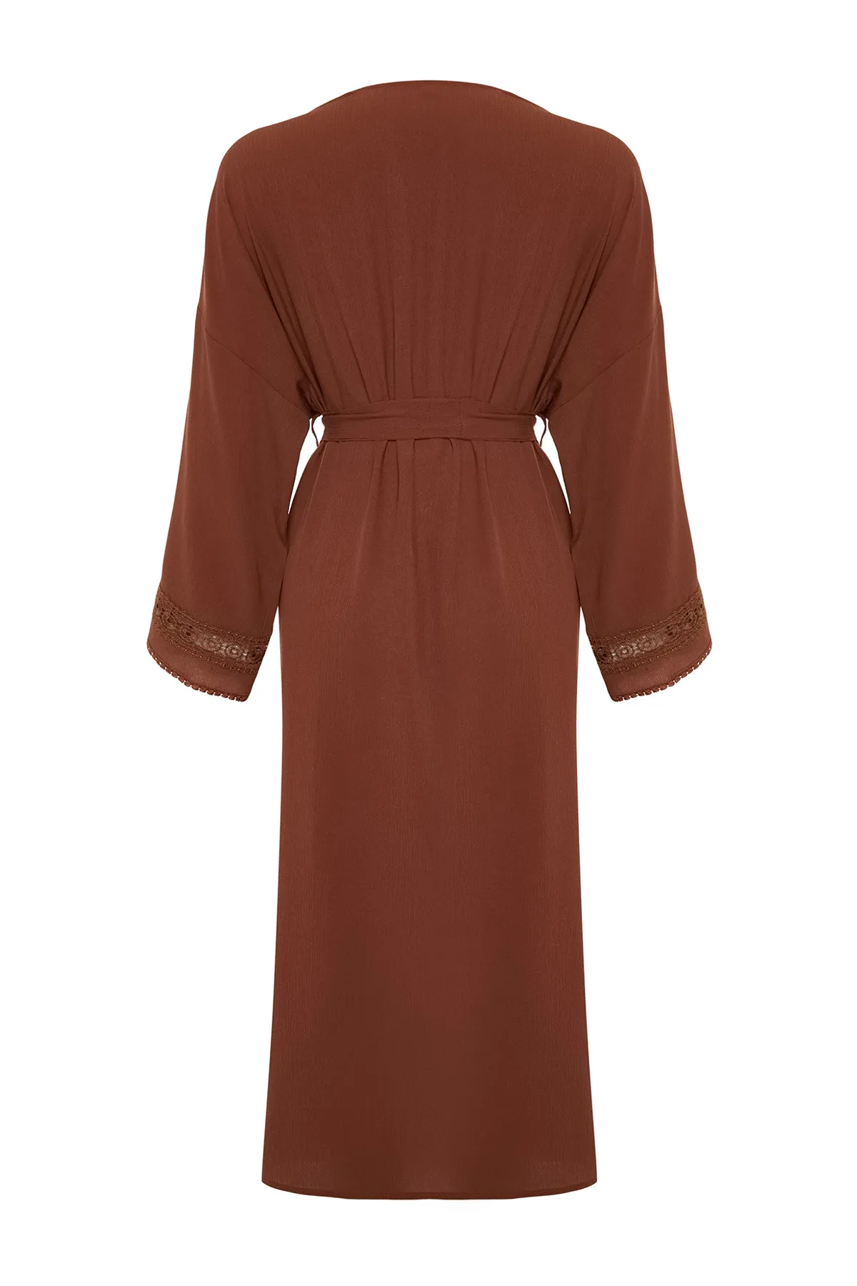 Trendyol Collection  Brauner Midi-Kimono und Kaftan aus 100 % Baumwolle mit Gürtel und Streifen-Accessoires TBESS21KM0008