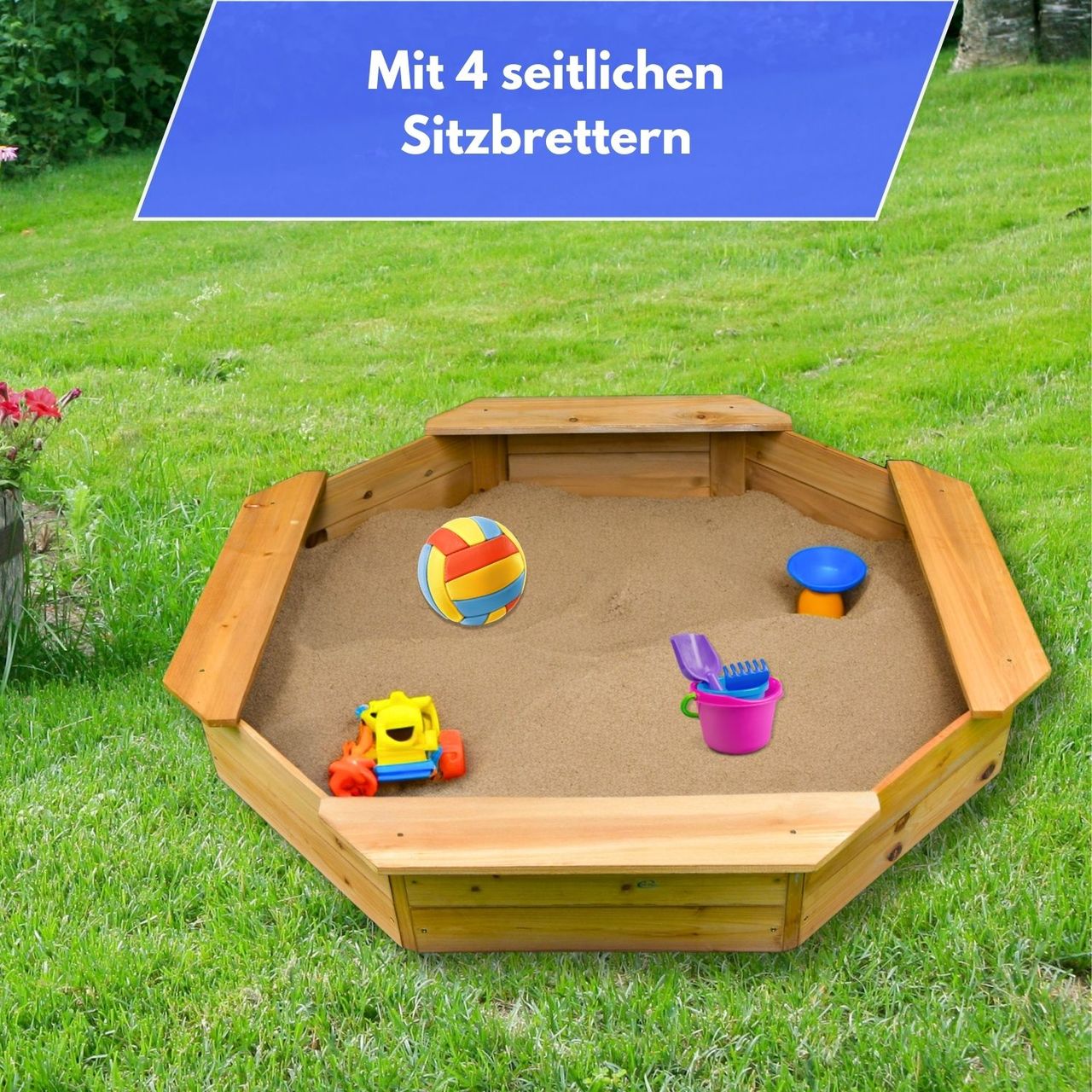 Coemo 6-eckiger Sandkasten Sally Holz inkl. Bodenplane 135x135x20 cm