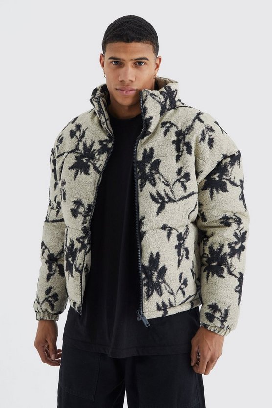 Kastige florale Jacquard-Steppjacke mit Trichterkragen