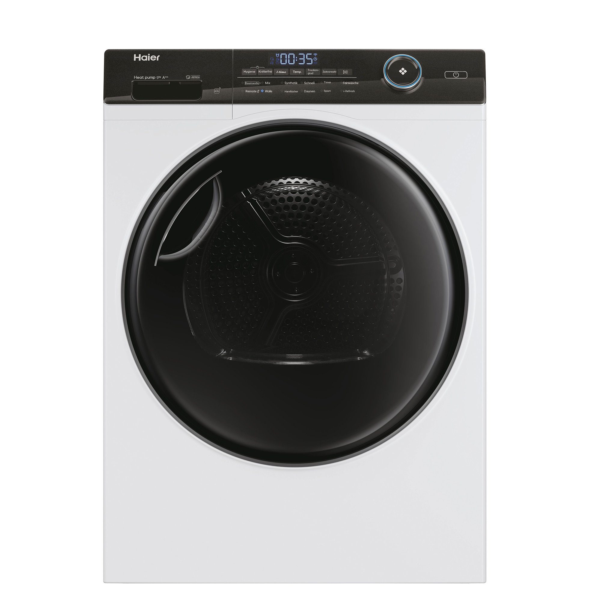 Haier Wärmepumpentrockner weiss HD90-A3TEAM5, 9 kg, Smart hOn App mit künstlicher Intelligenz, Ablaufschlauch