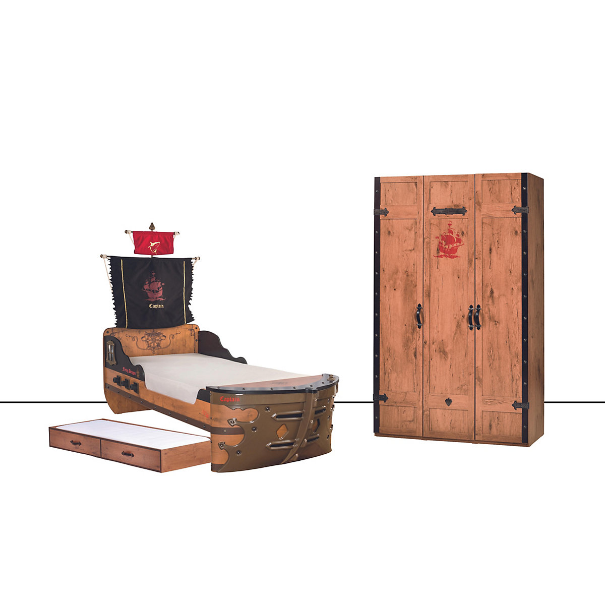 Kinderzimmer 2-teilig mit Piratenbett in Schiffsform mit Ausziehbett und Matratze