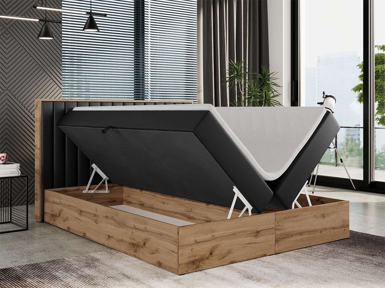 MKS MÖBEL Boxspringbett ALBERO 4, mit Bettkasten, Doppelbett mit Kopfstütze, Eiche Holzrahmen, Matratze