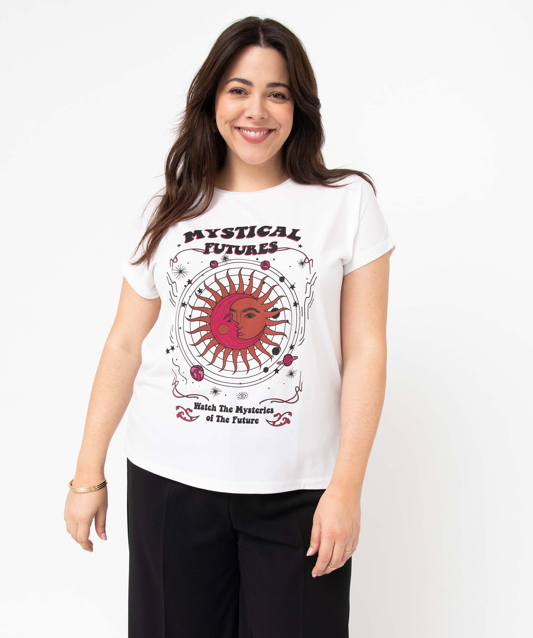 Tee-shirt femme grande taille à manches courtes avec motifs blanc | GEMO