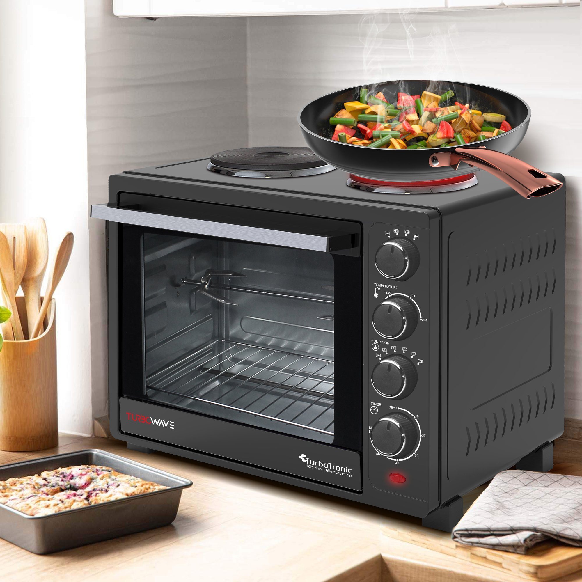TurboTronic by Z-Line Minibackofen mit Umluft und Drehspieß + 2 Kochplatten 35 Liter, 3200W Pizzaofen, Mini Tisch Backofen Camping Pizzaofen Klein/Groß