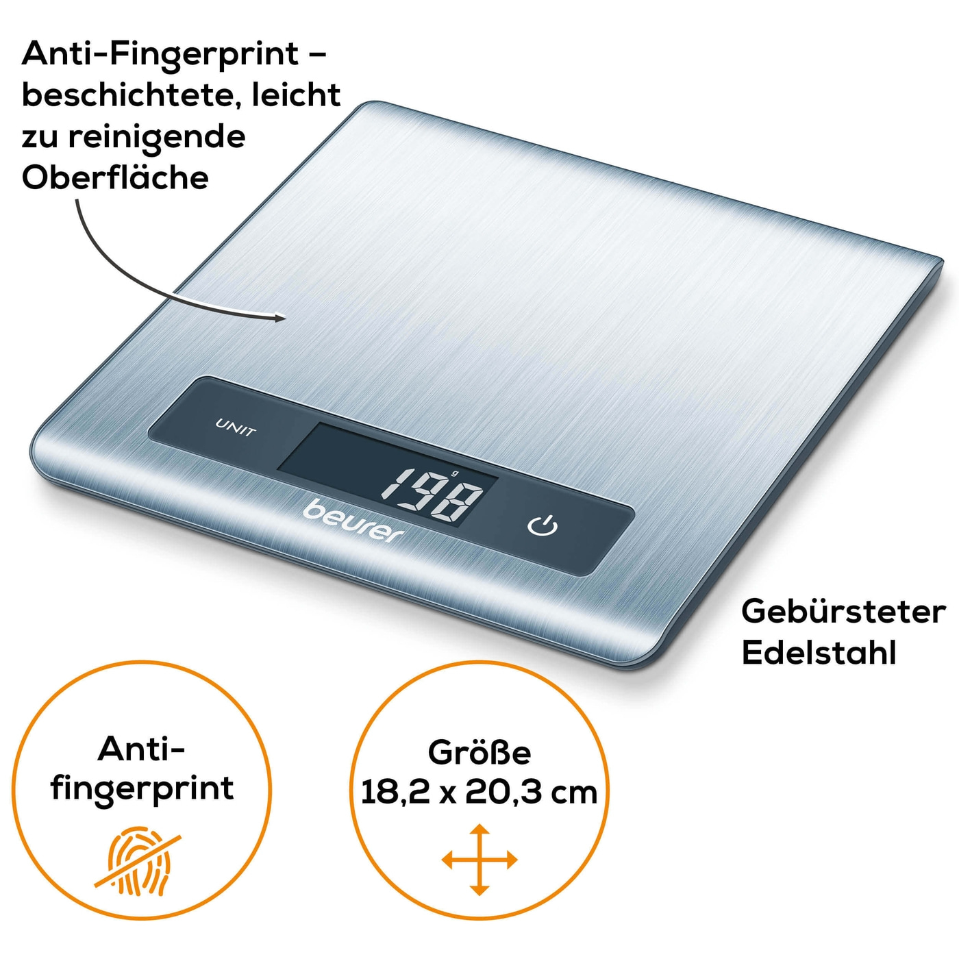 Beurer Küchenwaage KS 51-Ultra flache Küchenwaage mit Wiegefläche aus gebürstetem Edelstahl