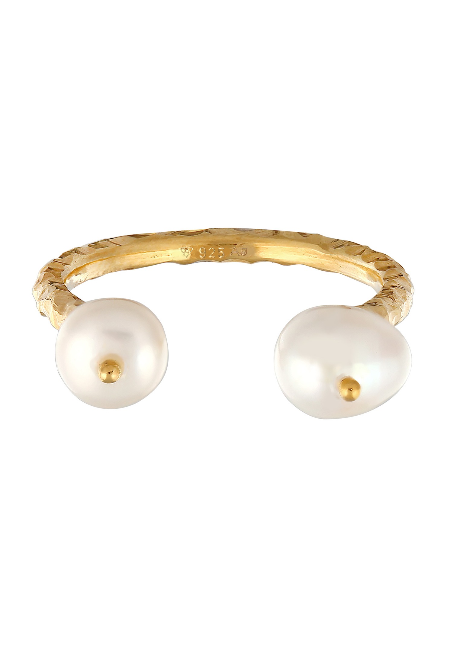 Anello Elli PREMIUM da donna, aperto, martellato e trendy, con perle coltivate d'acqua dolce in argento sterling 925 placcato oro.