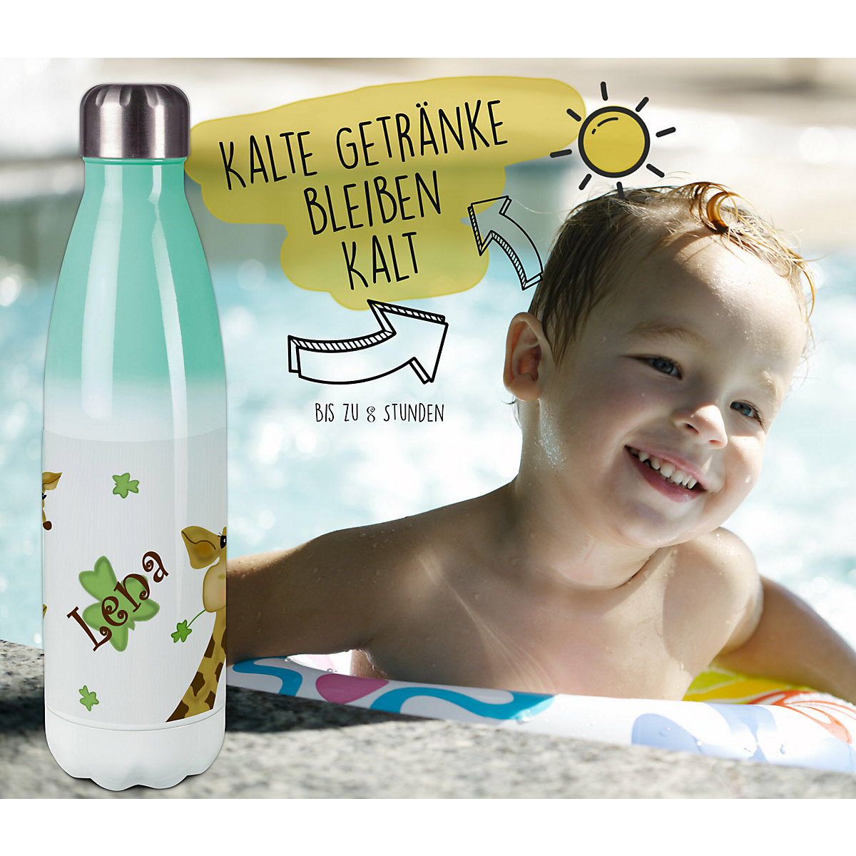 Edelstahl Kinder Thermoflasche / Trinkflasche bunt Giraffe Spülmaschinenfest, Auslaufsicher, Bruchfest, Doppelwandig, Für Heißgetränke geeignet, Mit Deckel, Isoliert