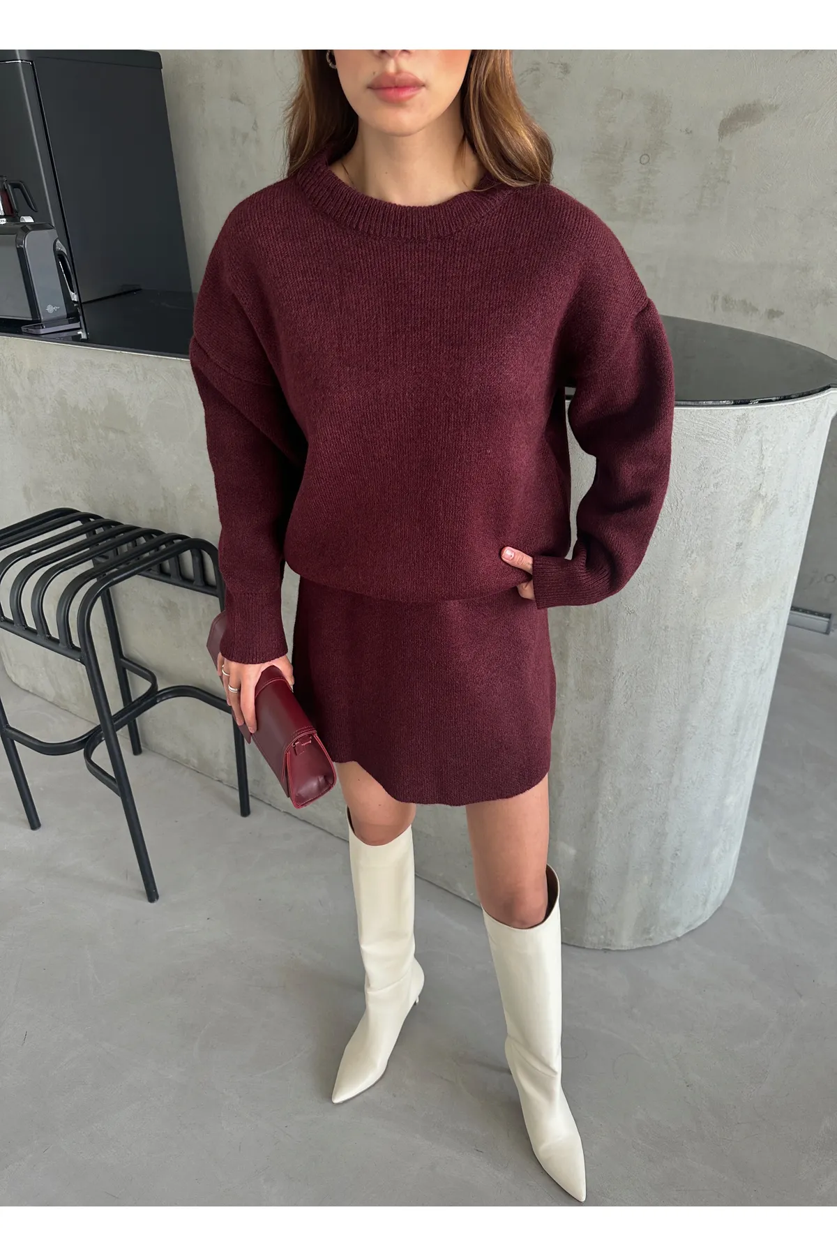 Laluvia  Weinrotes Strickrock-Set mit Rundhalsausschnitt