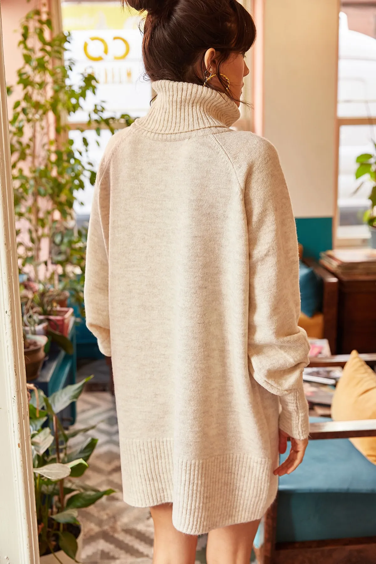 Olalook  Loses Strickkleid mit Rollkragen und Ballonärmeln für Damen in Steinoptik ELB-19000867