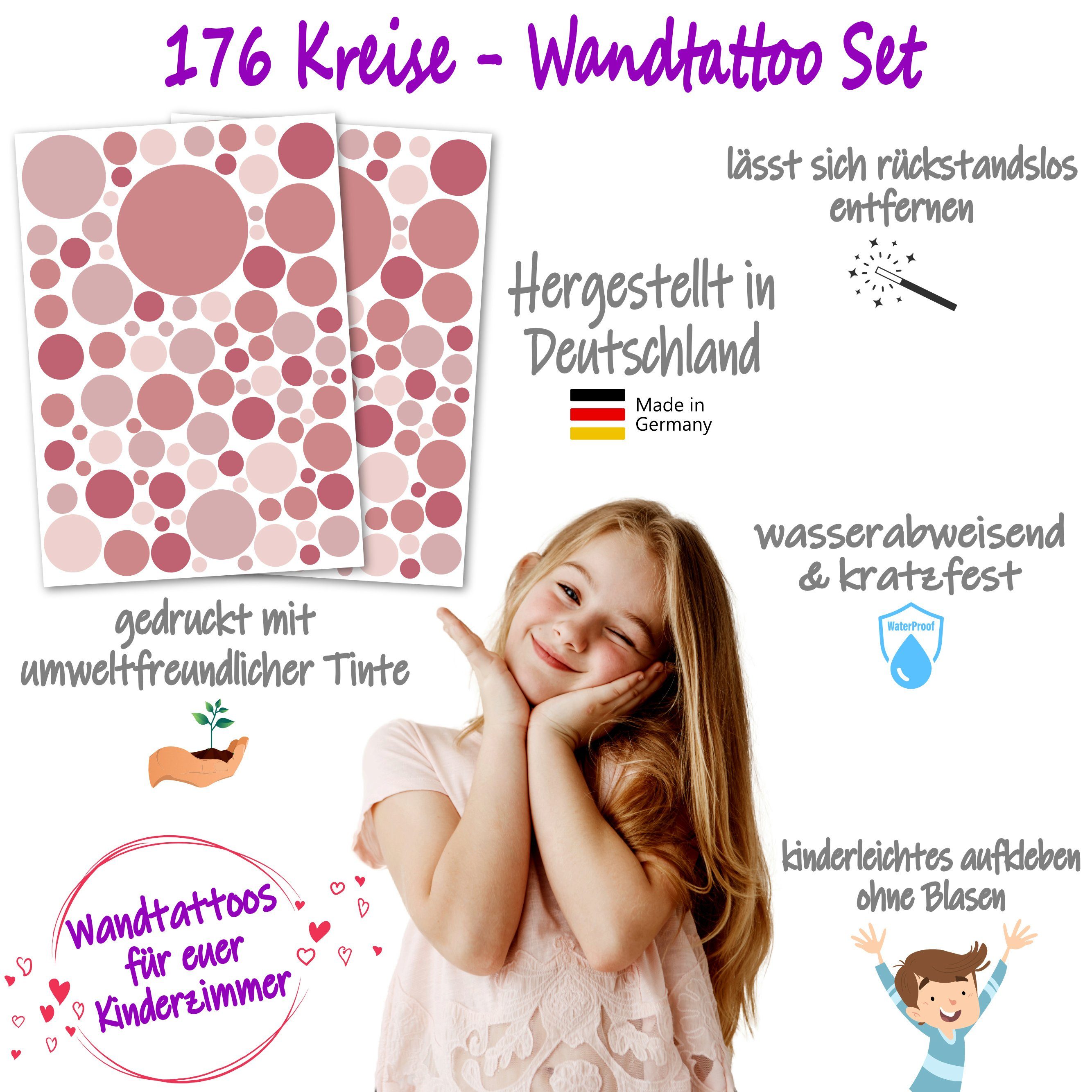 PUNALU Wandtattoo Kreis Set 176 Stück Wandtattoo für Babyzimmer Kinderzimmer Aufkleber, selbstklebend, rückstandslos abziehbar