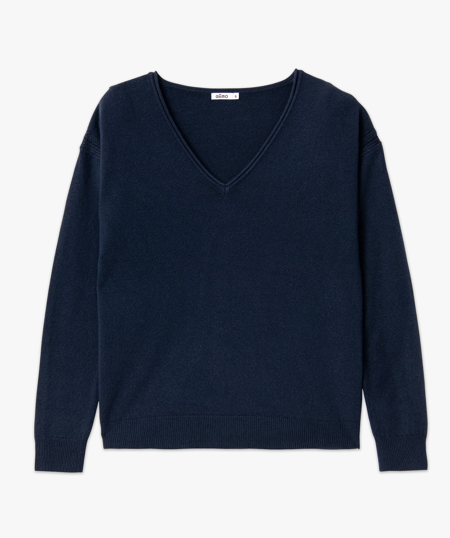Pull femme en maille fine avec large col V marine | GEMO