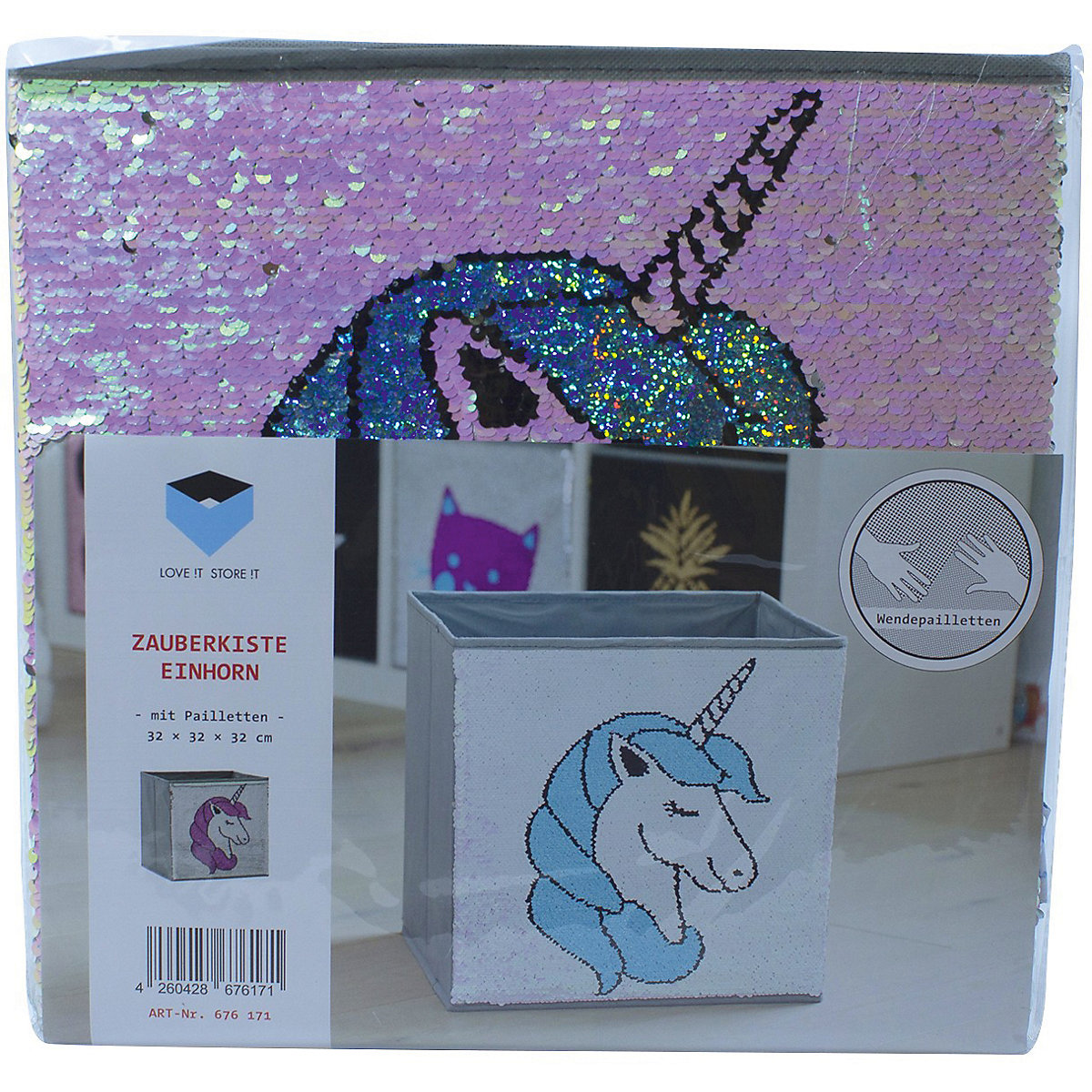 Aufbewahrungsbox Streichpailletten Einhorn rosa/blau, ohne Deckel, 32 x 32 x 32 cm