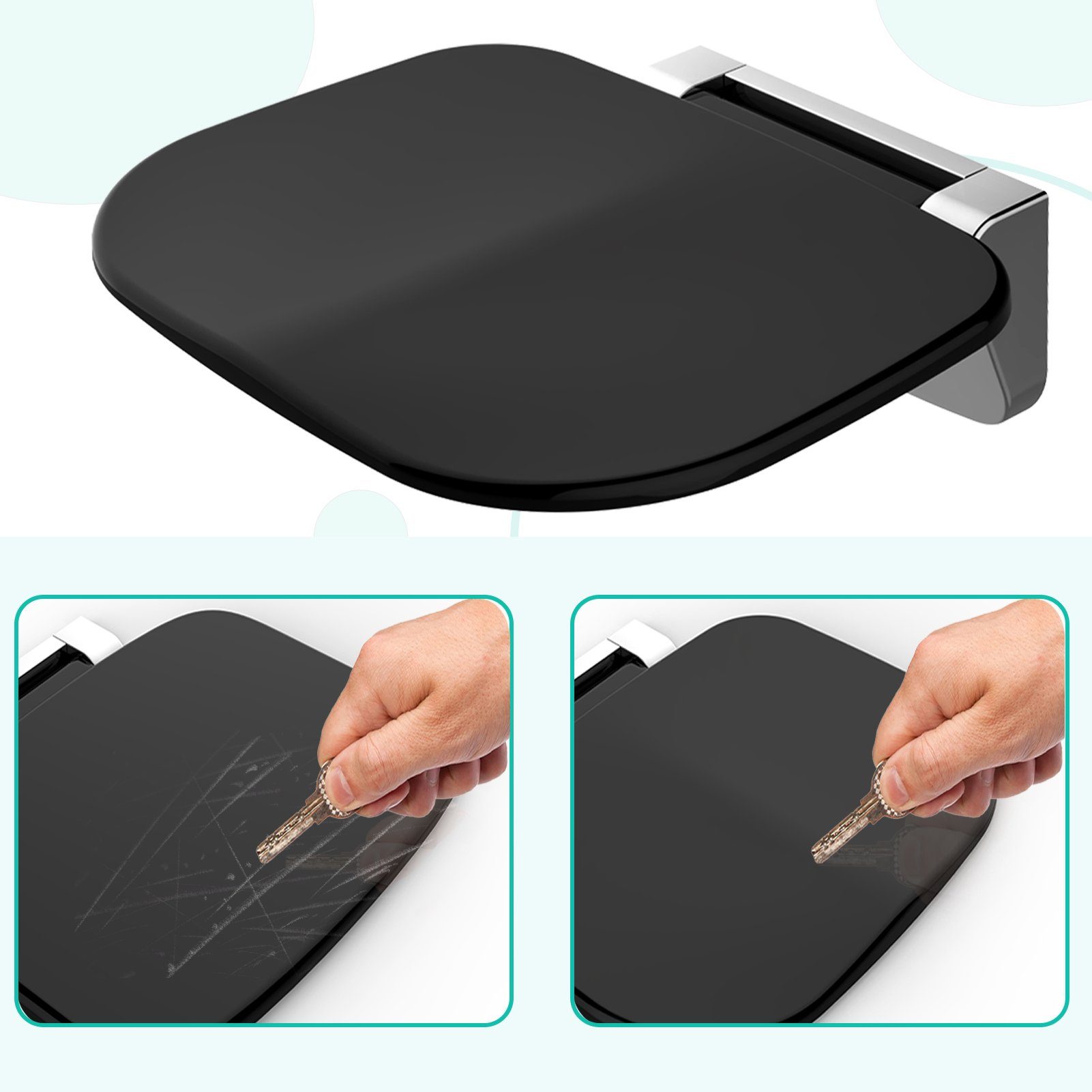 HEUFFE Duschklappsitz zur wandmontage, für Senioren & Kinder, klappbar, rechteckig, schwarz, belastbar bis 200,00 kg, modern, gebogenes Design, mit Anti-Rutsch-Polster, EUIPO-zertifiziert