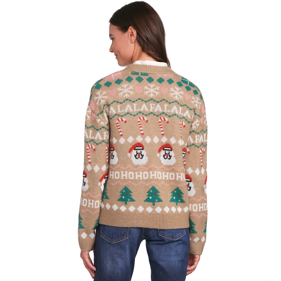 Damen Weihnachtsstrickjacke mit V-Ausschnitt beige
