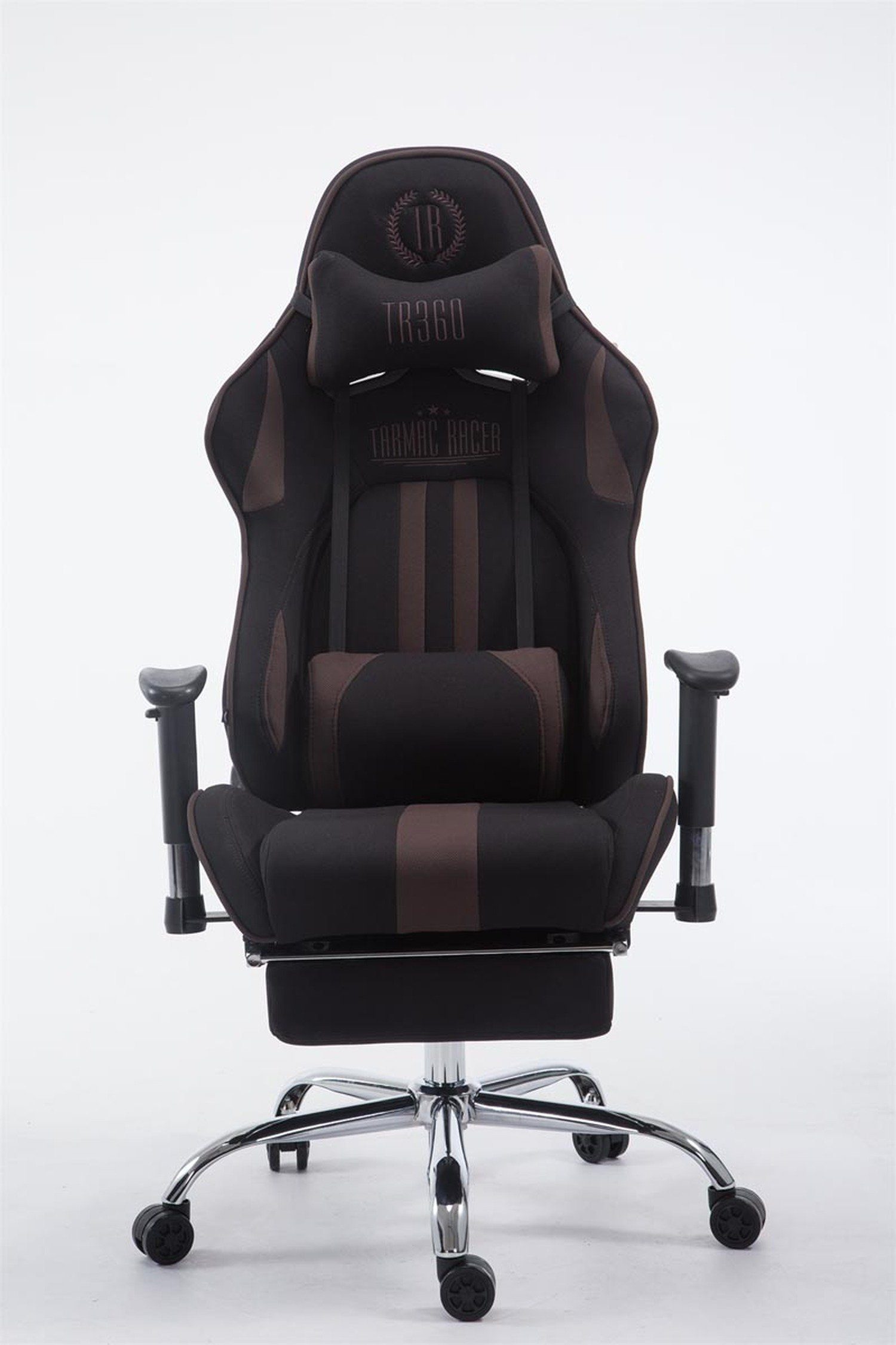 TPFLiving Gaming-Stuhl Limitless-2 mit bequemer Rückenlehne - höhenverstellbar - 360° drehbar (Schreibtischstuhl, Drehstuhl, Gamingstuhl, Racingstuhl, Chefsessel), Gestell: Metall chrom - Sitzfläche: Stoff schwarz/braun
