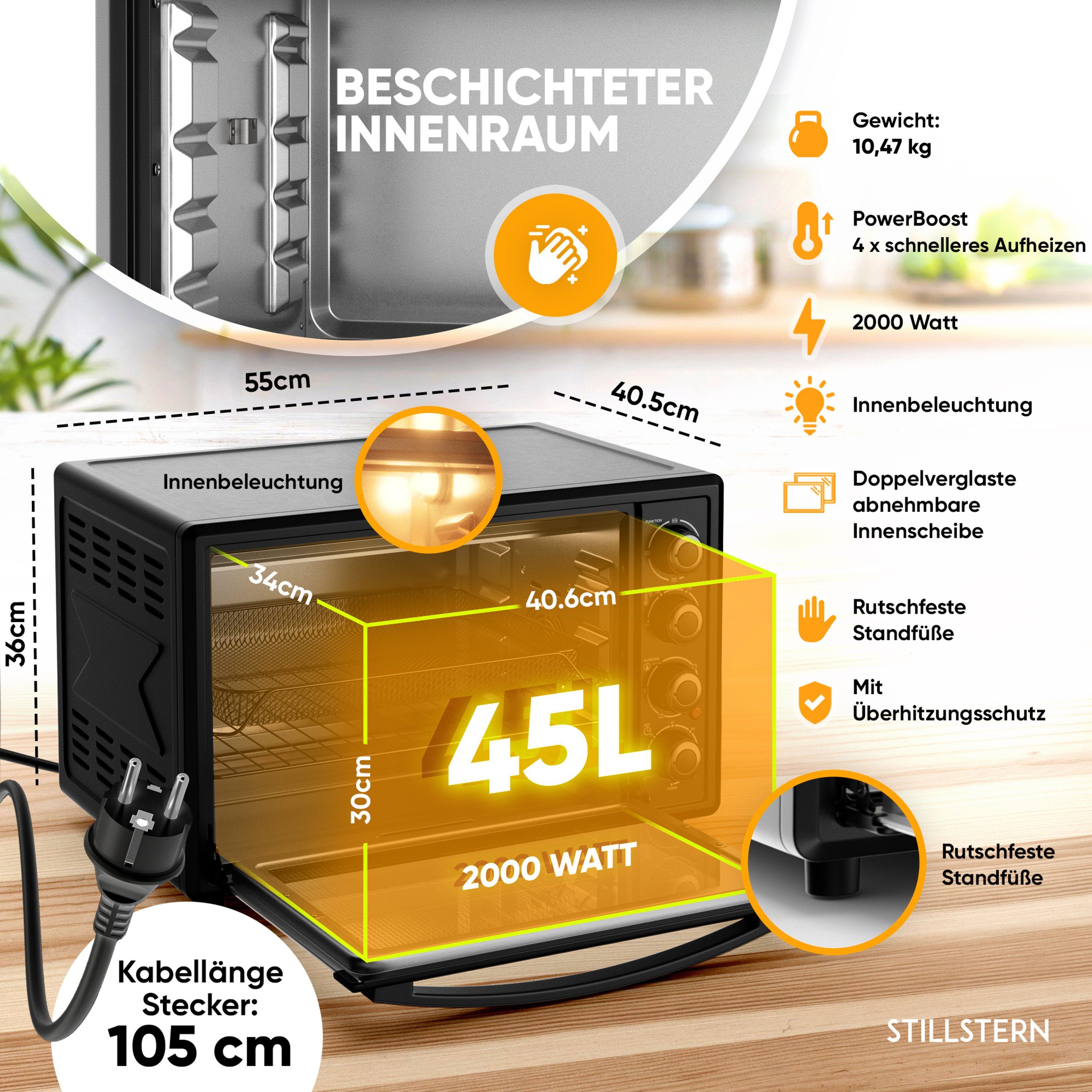 Stillstern Minibackofen MB45-MX 2G (45L) Deutsche Version, Ofenhandschuhe, Rezeptheft, Drehspieß, Timer, Innenbeleuchtung