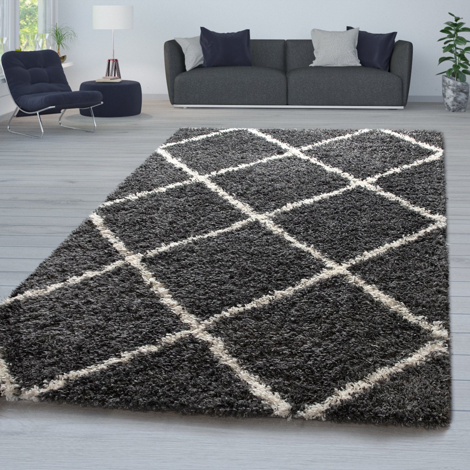Hochflor-Teppich Wohnzimmer Hochflor Teppich Shaggy Modern Rauten, TT Home, rechteckig, Höhe: 4 mm