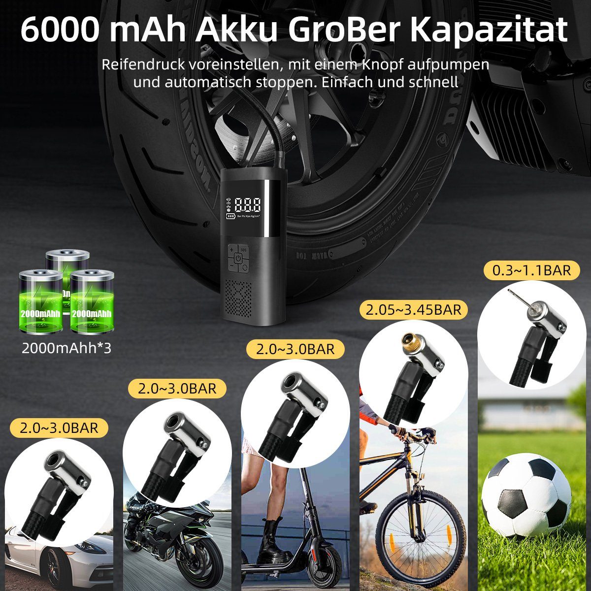 7Magic Akku-Luftpumpe Elektrische Luftpumpe- Akku Luftpumpe Kompressor 150PSI 6000mAh, mit Digitale LCD-Bildschirm für Auto Fahrrad Motorrad Bälle