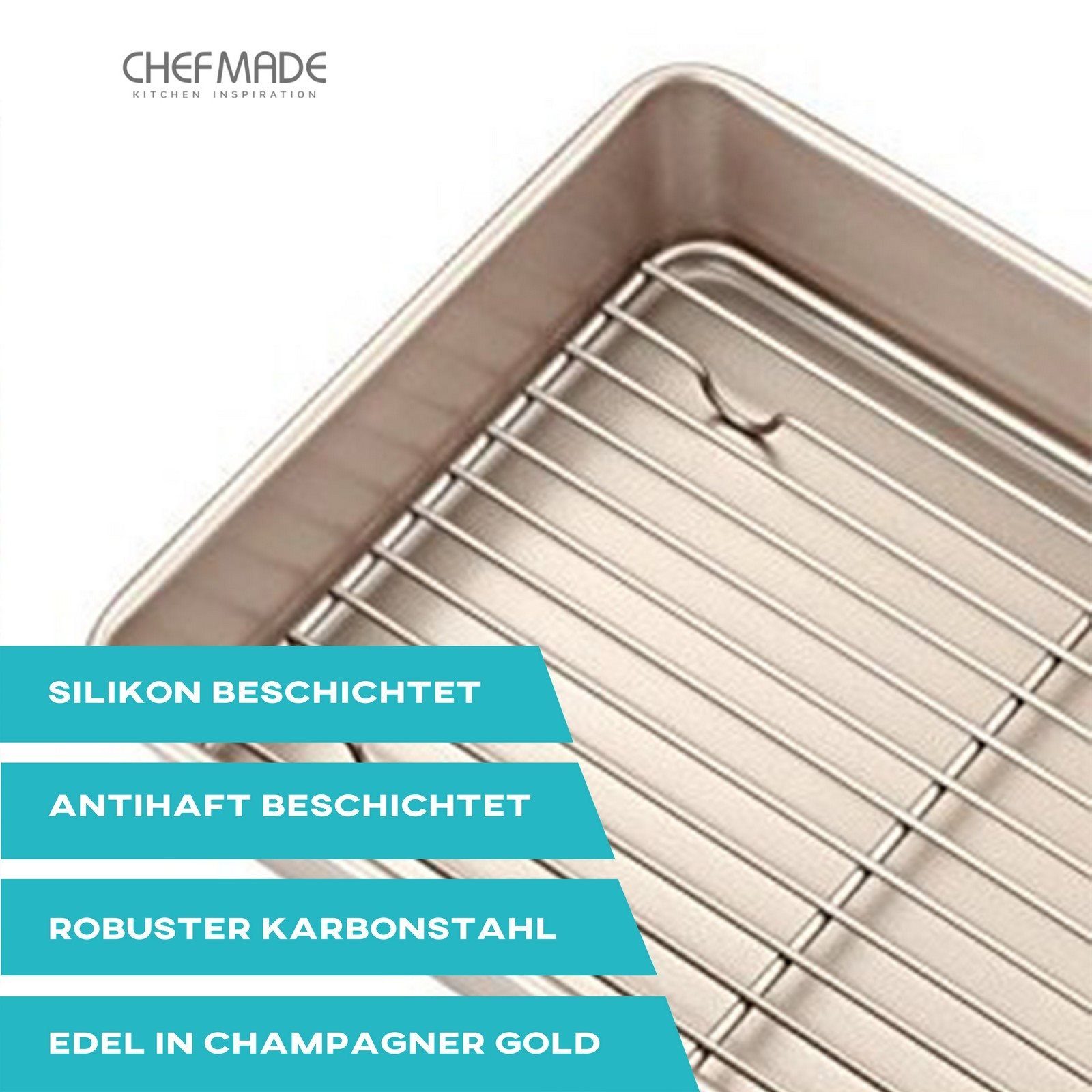 Chefmade Backblech Kuchenblech, Karbonstahl, (CHEFMADE, 2tlg Set, Hochrand Backform mit Kuchengitter, 346x247x60mm, Champagnergold, antihaft- & silikonbeschichtet, Auskühlgitter, Dörrgitter, Kuchenrost, Küchenrost, Brotgitter, Karbonstahl, 2-St., Pre