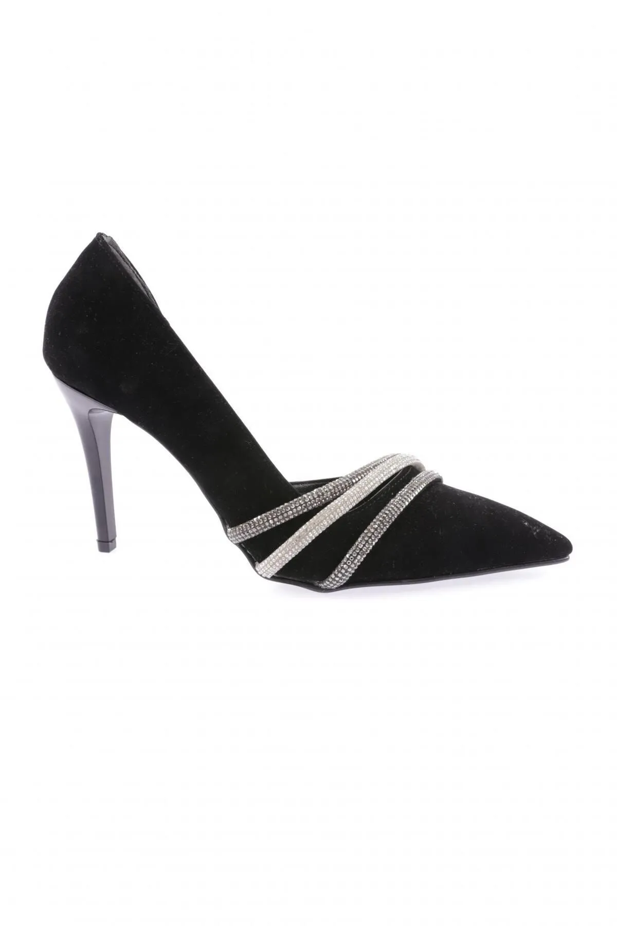 DGN  Ysf-07-23y Silberne, schwarze Abendschuhe mit Steinbesatz - Samt