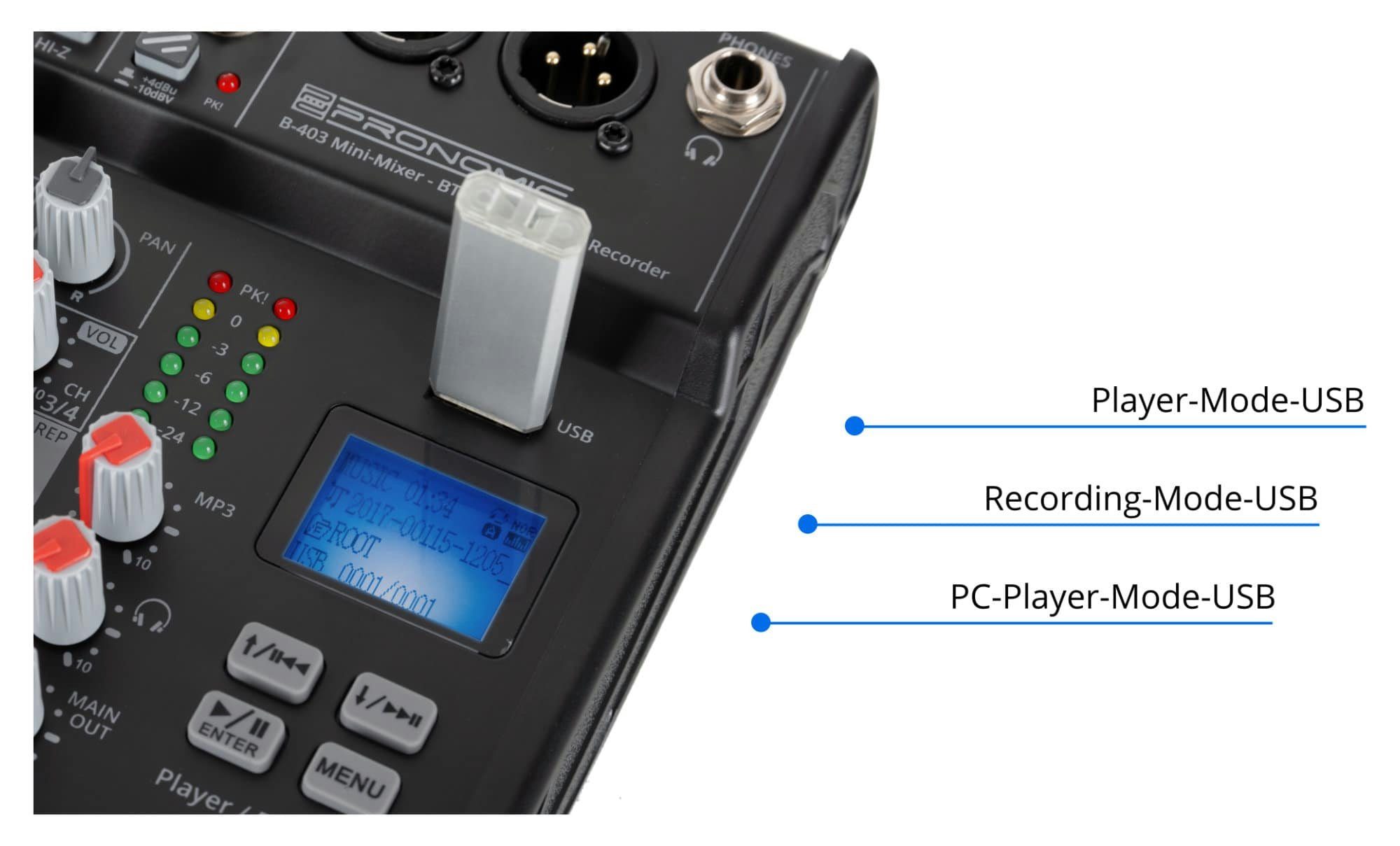 Pronomic Mischpult B-403 4-Kanal Mini-Mixer - Live/Studio DJ Mixer, mit Bluetooth und USB-Recording