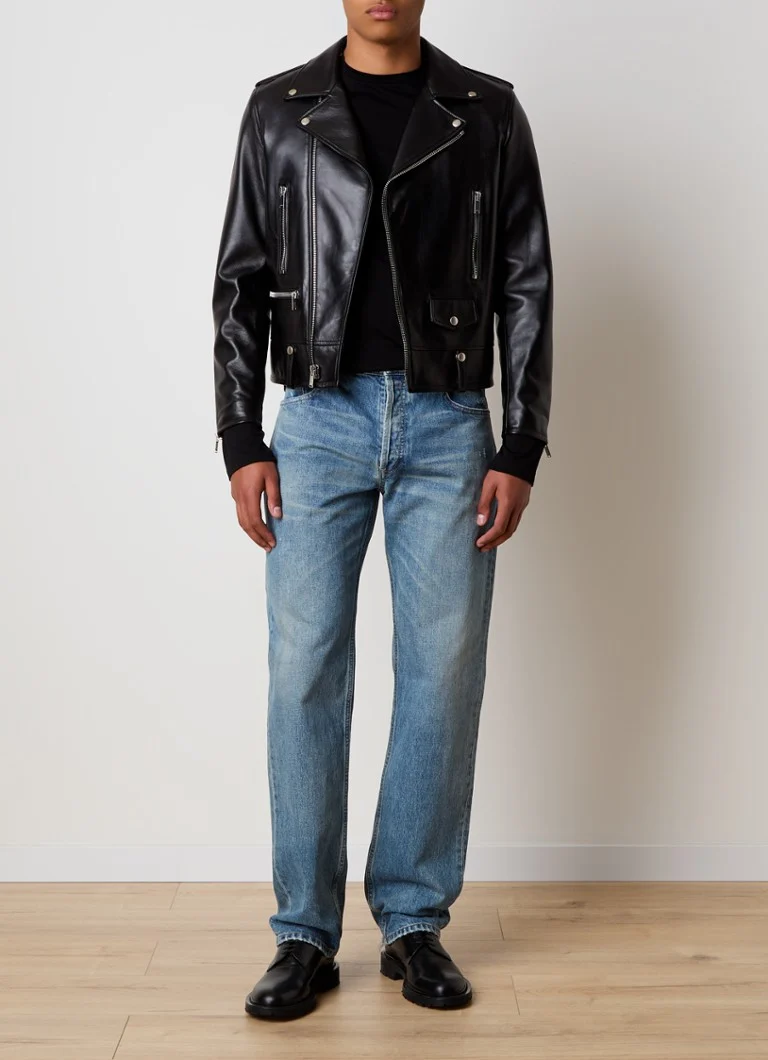 Μπουφάν μοτοσικλετιστή από δέρμα αρνιού Saint Laurent με τσέπες με φερμουάρ