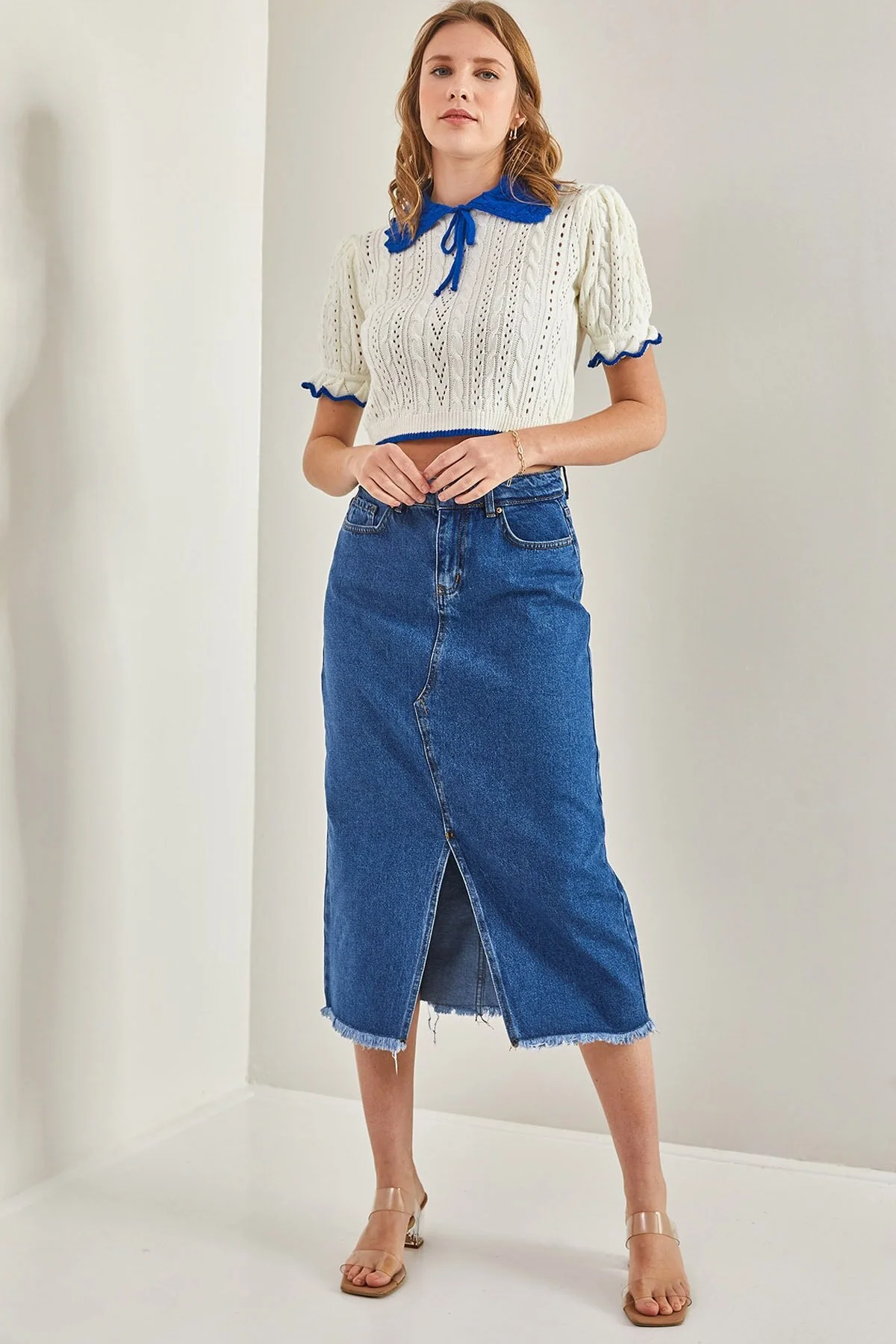 Bianco Lucci  Lasergeschnittener, geschlitzter Jeansrock für Damen