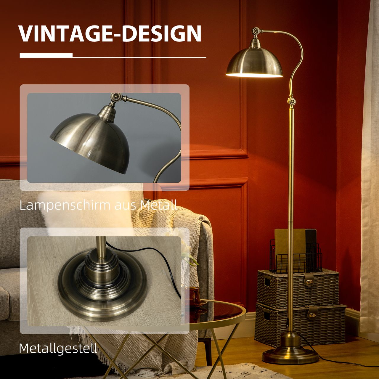 HOMCOM Stehleuchte im Vintage-Design, verstellbare Stehlampe für Wohnzimmer