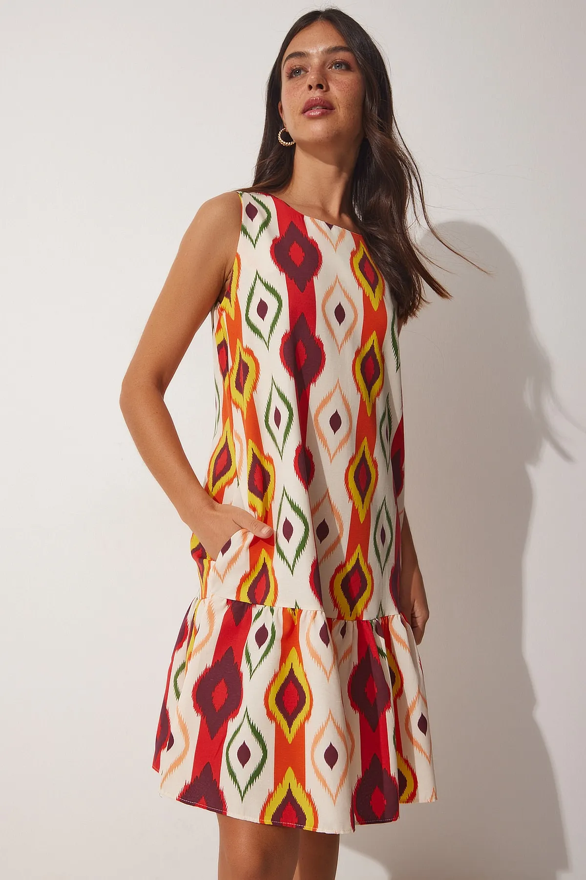 Happiness İstanbul  Damen-Sommerkleid aus Popeline in Creme-Orange mit Muster LU00021