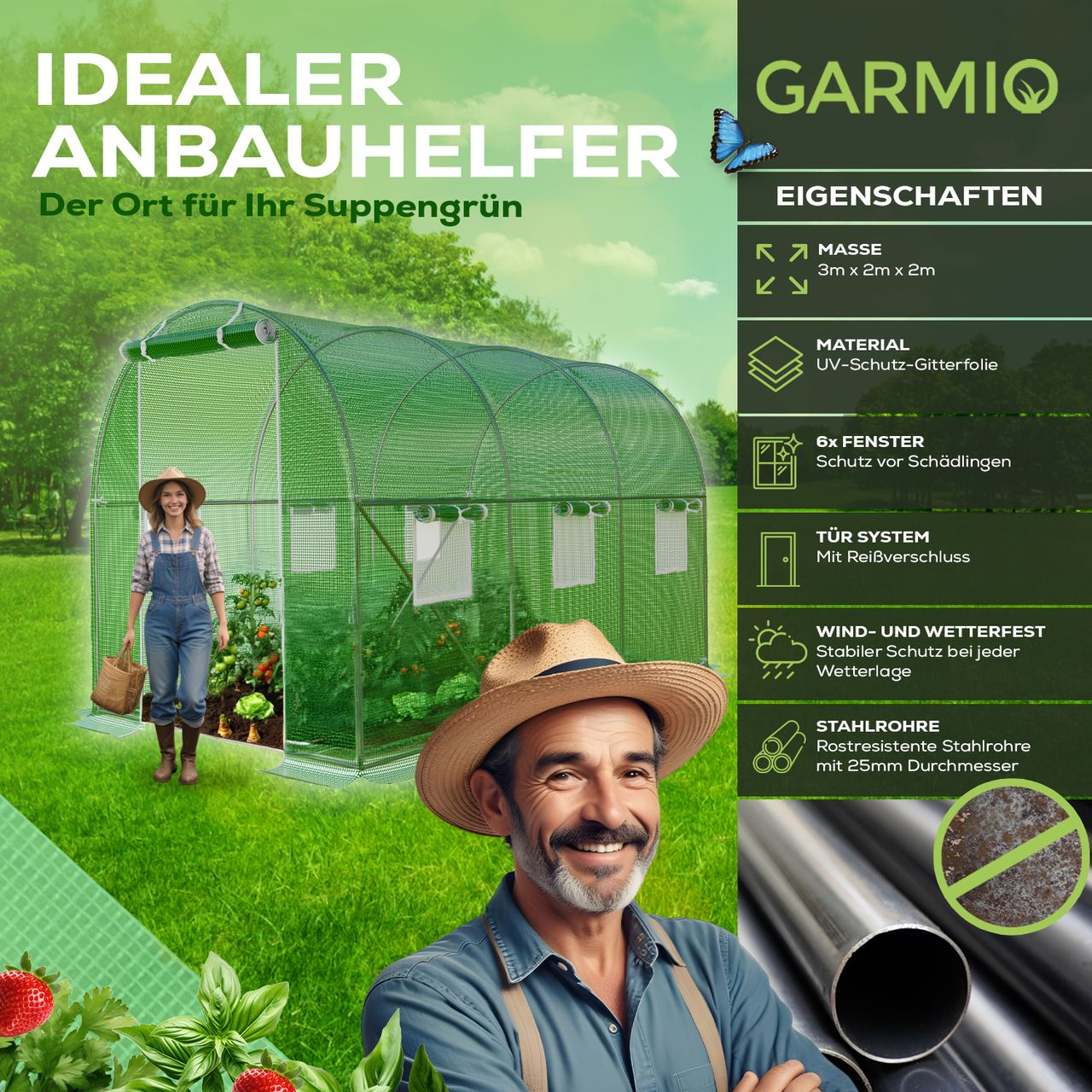 TroniTechnik GARMIO® Foliengewächshaus CICATA, Tomatenzelt, winterfest, 3x2x2m, Frühbeet, Pflanzenhaus